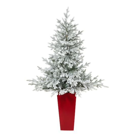 4.75ft. Pre-Lit Flocked Fraser Fir Artificial Christmas Tree in Tower Planter